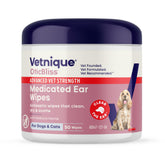 Vetnique Oticbliss ear wipes packaging shows vet-formulated ear care for pets.