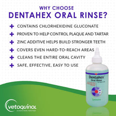Vetoquinol Dentahex label closeup highlights zinc gluconate and a pet-safe formula.