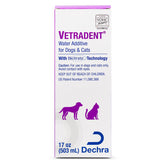 Vetradent water additive bottle pour demonstrates simple daily dosage for oral care.