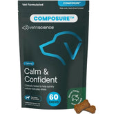 VetriScience Calm & Confident bottle front showing calming chews for dogs during storms.