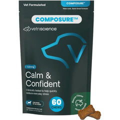 VetriScience Calm & Confident bottle front showing calming chews for dogs during storms.