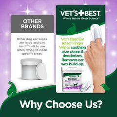 Vets Best Ear Relief Finger Wipes on a dog's ear during cleaning.
