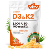 VEV Corefeel bottle label shows 5,000 IU D3 and 100 mcg K2 for daily support.