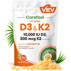 VEV Corefeel bottle front shows D3 and K2 potency for daily bone support.