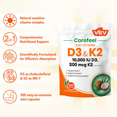 VEV Corefeel nutrition label highlights 10,000 IU D3 and MK-7 K2.