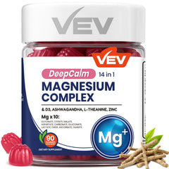 VEV Deep Calm bottle front showing vegan magnesium gummies for daily support