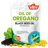 VEV Oil of Oregano bottle with black seed oil and moringa for daily wellness.