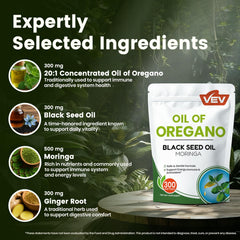 VEV oregano oil softgels on a clean surface for daily use.