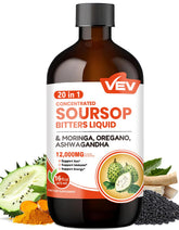 VEV Soursop Bitters bottle front view highlighting vegan, sugar-free formula for daily vitality.