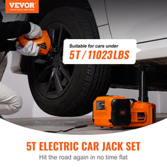 VEVOR electric car jack side view demonstrating stable lift during roadside tire change