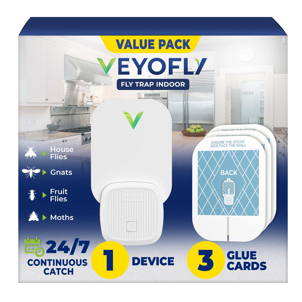 VEYOFLY fly trap indoor front view with discreet white-black design and wall-friendly light