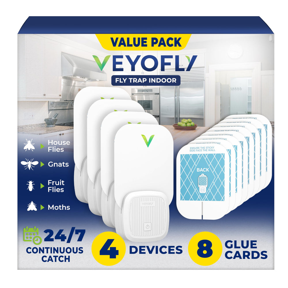 VEYOFLY fly trap indoors with plug-in design and blue light attracts pests quietly.