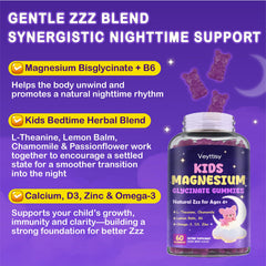 Veyttisy Magnesium Glycinate Gummies Kids ingredients panel emphasizing natural, vegan, gluten-free features