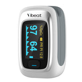 Vibeat fingertip oximeter with OLED display showing SpO2 and pulse rate clearly