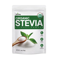 Viccoky Organic Stevia Powder jar closeup showing pure, sugar-free sweetness.