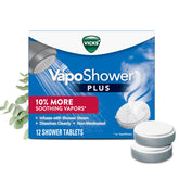 Vicks VapoShower PLUS tablet on shower floor delivering strong non-medicated vapors