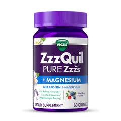 Vicks ZzzQuil Pure Zzzs bottle with mixed berry gummies for easy night-time routine