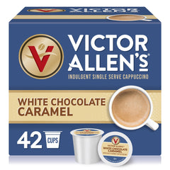 Victor Allen's white chocolate caramel cappuccino box of 42 pods for quick mornings.