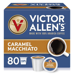 Victor Allen's Caramel Macchiato pod box on a kitchen counter for easy access.