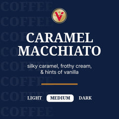 Close-up of Victor Allen's Caramel Macchiato pod showing caramel color and aroma.