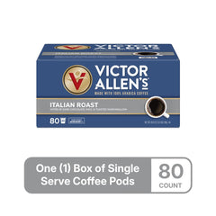 Victor Allen's Italian Roast Keurig pods beside a ready cup