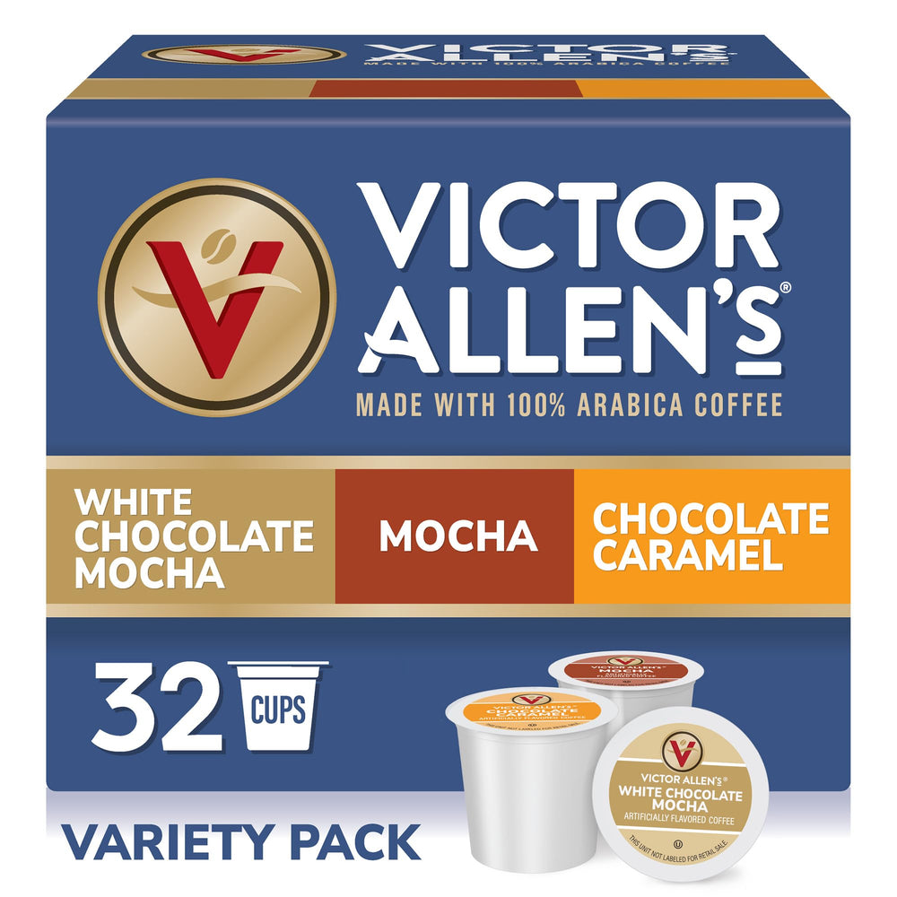 Victor Allen's Mocha Variety Pack box front shows three flavors for Keurig pods