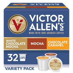 Victor Allen's Mocha Variety Pack box front shows three flavors for Keurig pods