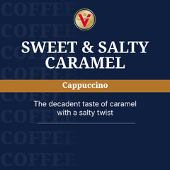 Victor Allen's cappuccino pods brewing in a cup with creamy caramel aroma
