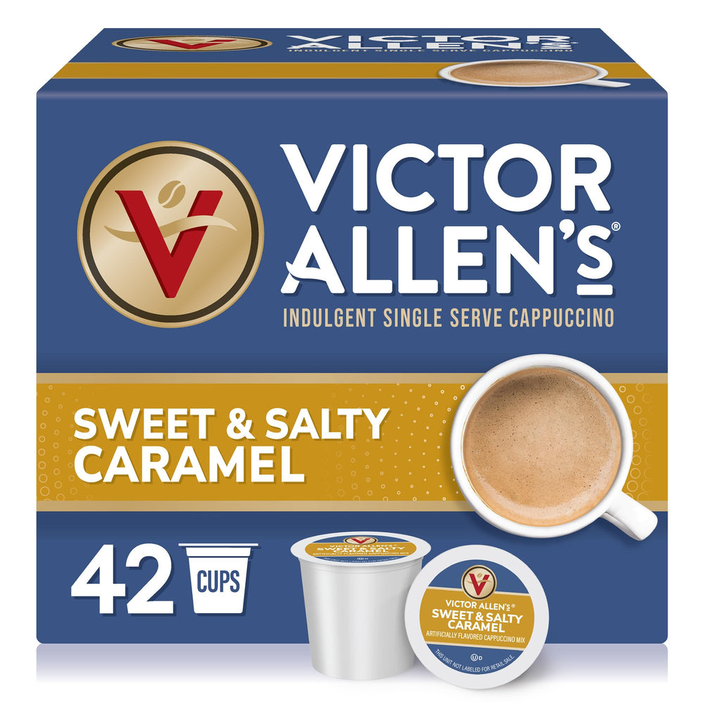 Victor Allen's Sweet and Salty Caramel cappuccino pods front view for quick indulgence at home