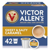 Victor Allen's Sweet and Salty Caramel cappuccino pods front view for quick indulgence at home