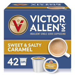 Victor Allen's Sweet and Salty Caramel cappuccino pods front view for quick indulgence at home