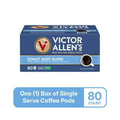 Victor Allen's Decaf Donut Shop pods closeup—smooth decaf flavor from 100% Arabica beans.