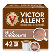 Victor Allen's Milk Chocolate Hot Cocoa pods in the box provide convenient single-serve brewing.