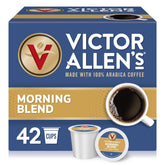 Victor Allen's Morning Blend pods box on kitchen counter for a quick morning brew.