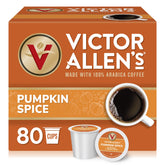 Victor Allen's Pumpkin Spice pods in a box for Keurig brewers with bold pumpkin and cinnamon aroma