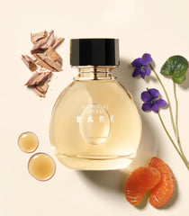Victoria's Secret Bare notes close-up, highlighting sandalwood, mandarin, and violet for a woody floral vibe.