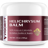 Vigority Helichrysum Balm jar closeup with whipped texture for gentle application.