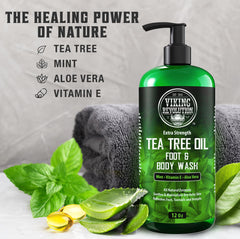 Viking Revolution Tea Tree Body Wash closeup-tea tree oil emphasizes natural ingredients.