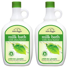 Village Naturals Bath Shoppe White Tea Jasmine milk bath bubbles for a calming soak.