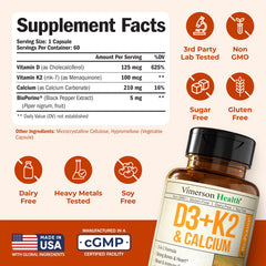 Vimerson Health label nutrition image highlights 5000 IU D3 and MK7 K2.