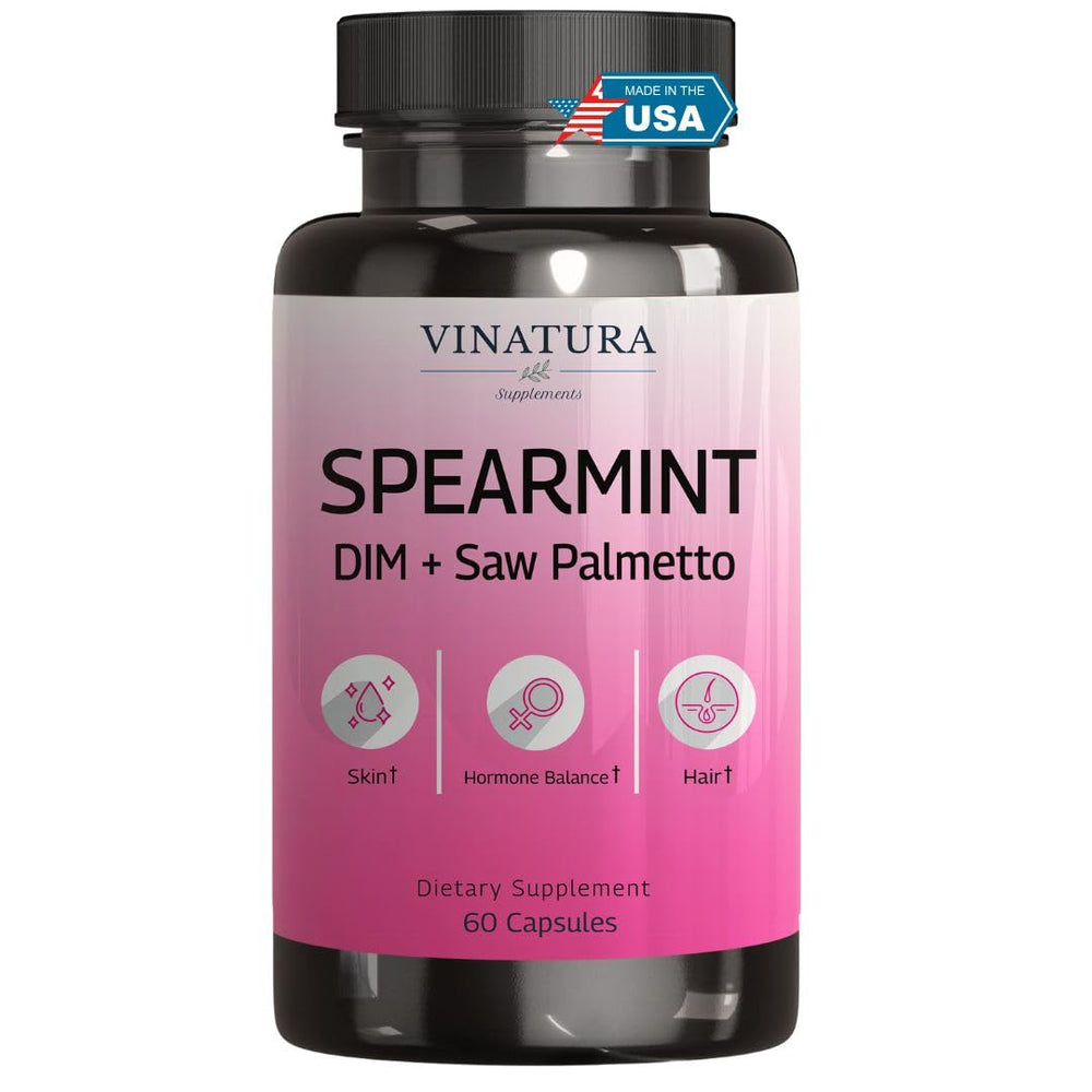 VINATURA Spearmint Leaf Capsules bottle on a clean surface suggesting hormonal balance support