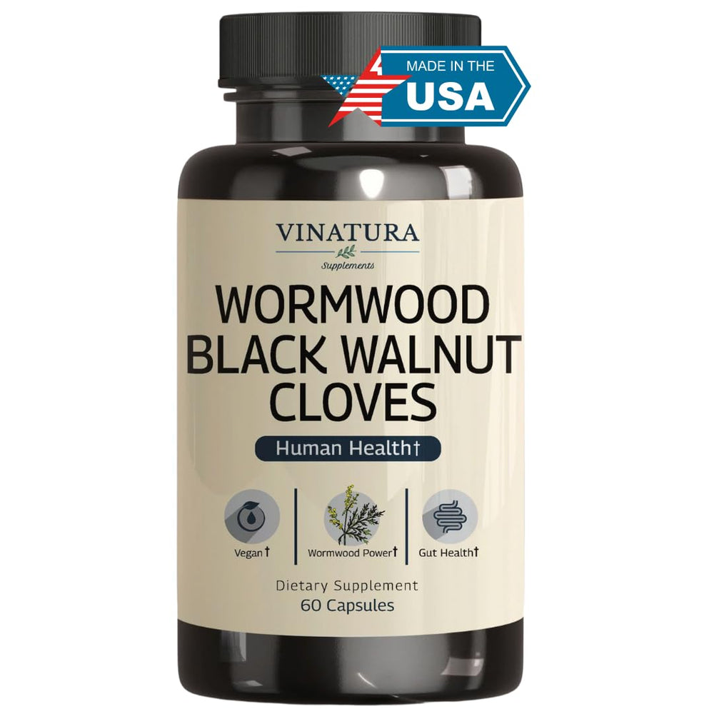 Vinatura Wormwood Black Walnut Clove capsules bottle front view for daily gut support