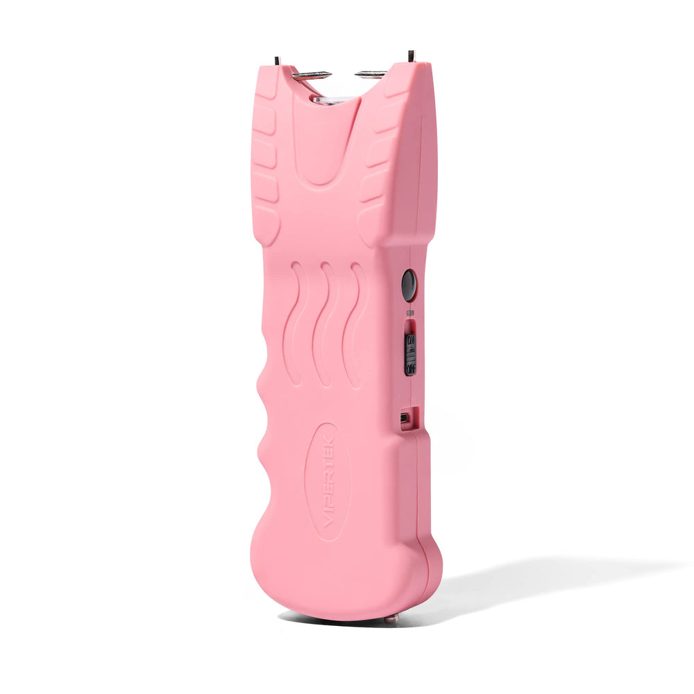 VIPERTEK stun gun with safety pin and LED flashlight in pink for quick defense.