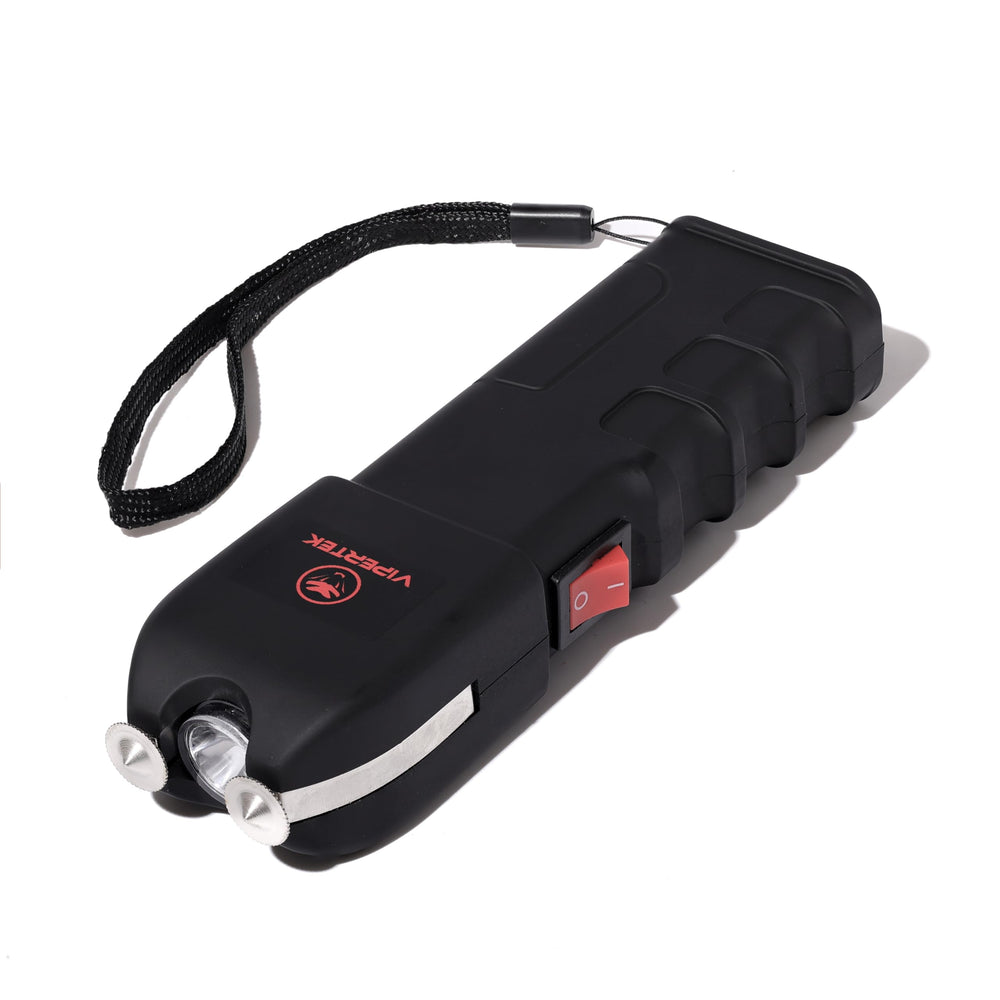 VIPERTEK VTS-989 stun gun with LED flashlight in hand.