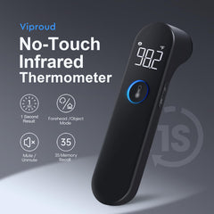 Viproud forehead thermometer with blue LED display for easy reading.