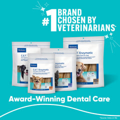 Textured surface on Virbac C.E.T. Enzymatic Chews supports mechanical cleaning.