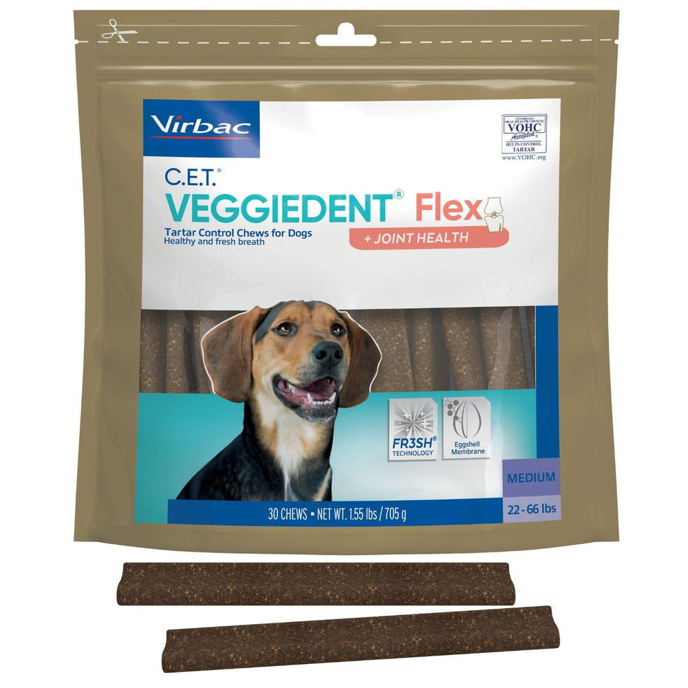 Virbac C.E.T VeggieDent Flex bag shows tartar control and fresh breath benefits.