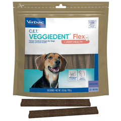 Virbac C.E.T VeggieDent Flex bag shows tartar control and fresh breath benefits.