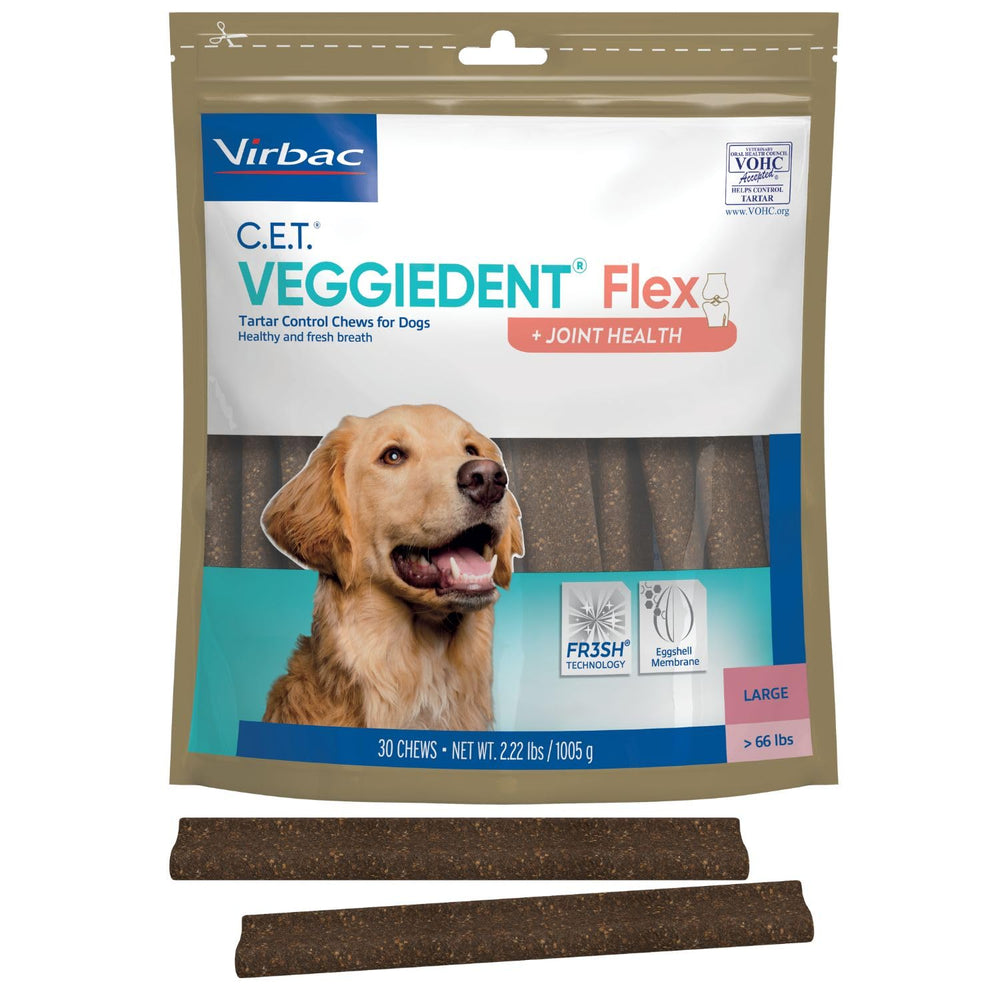 Virbac C.E.T. VeggieDent Flex large dental chew cleans teeth from front to back for better oral health.