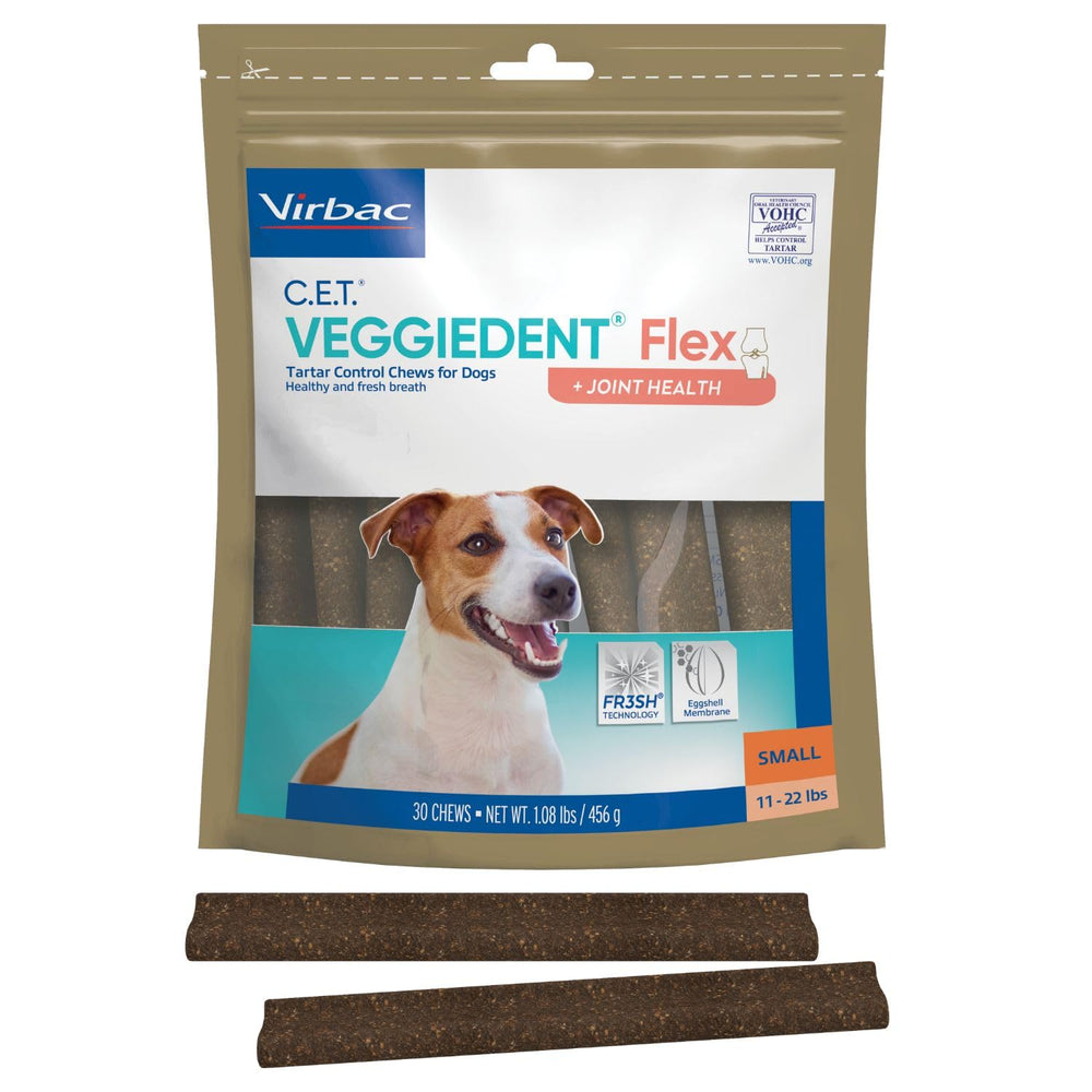 Virbac VeggieDent Flex small dog bag showing 30 chews for daily dental care.